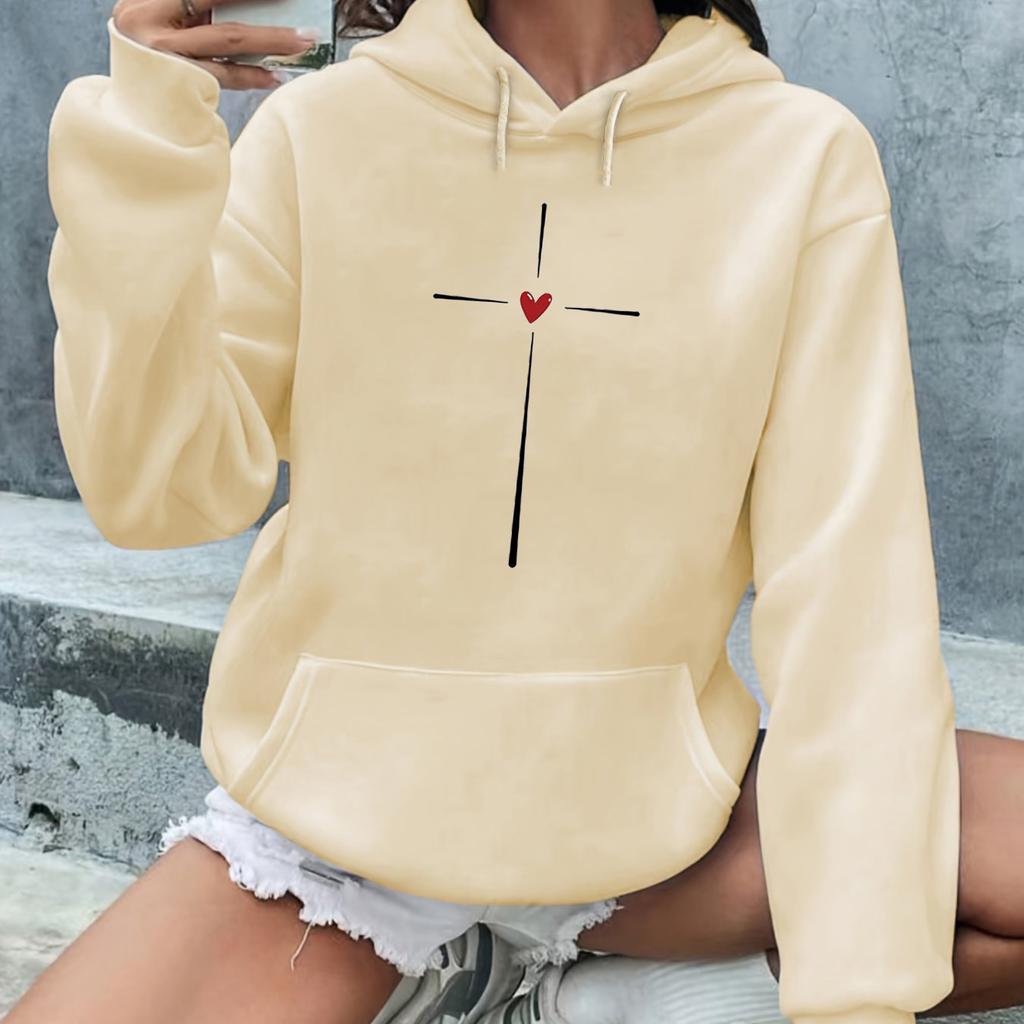 Women's autumn and winter warm and loose casual cross heart pattern printed thick velvet long sleeved hooded sweatshirt