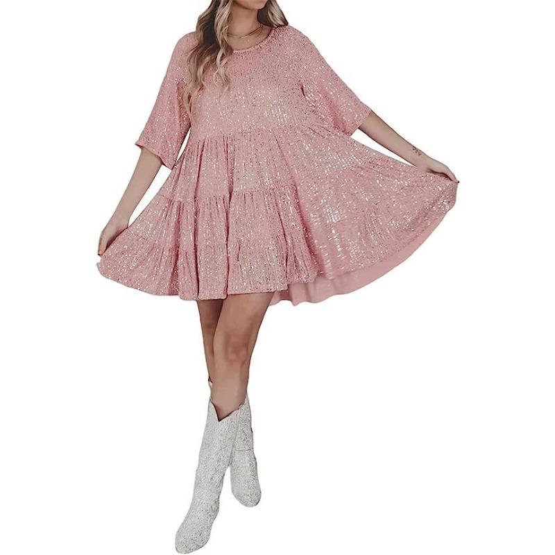 

Весенние и летние женские платья, платья с пайетками, плиссированные свободные платья с короткими рукавами и круглым вырезом 2XL розовый