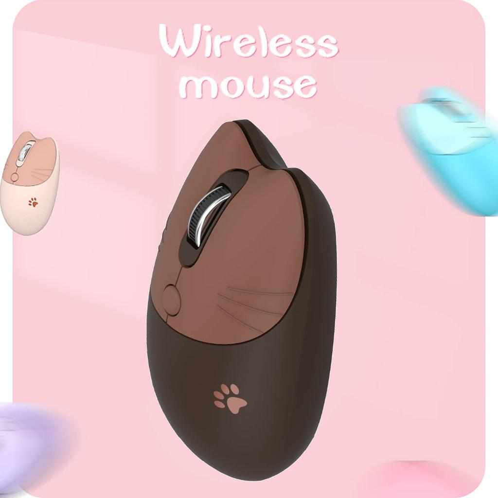Cute Cat 2.4G USB Wireless Mouse for Women and Kids, Stylish, Colorful, Quiet, Compatible with PCs and Laptops (Coffee Cat)