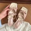 Fashion New arrival summer mid-heeled slippers square toe open toe shallow mouth women's pink bow wedge sandals one-step shoes