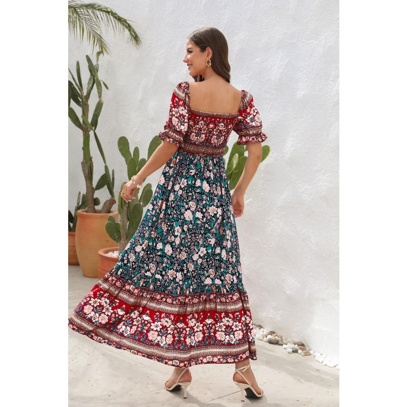 Boho Sukienki Plażowe na Wakacje Jednoramienne z Bufiastymi Rękawami Sukienki Midi