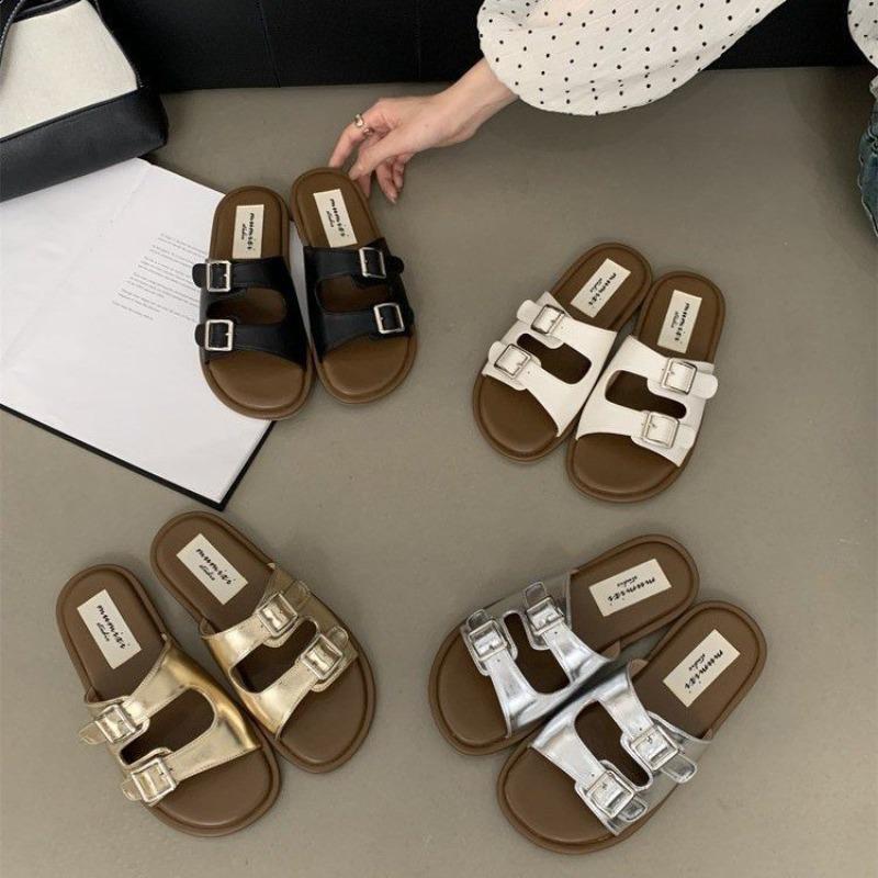 Luxury Women's Flat Slippers Adjustable Buckle Simple Sandals Fashion Trendy Beach Slippers for Women Home Mute Non-slip Sandals