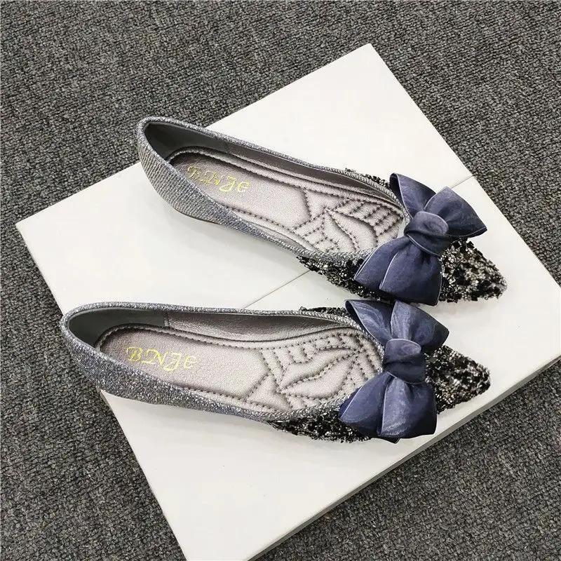 Fashion Ladies Footwear Black with Bow Pointed Toe Gold Summer 2025 Harajuku Clothing Sales Premium Korean Fashion Women's Flat Shoes