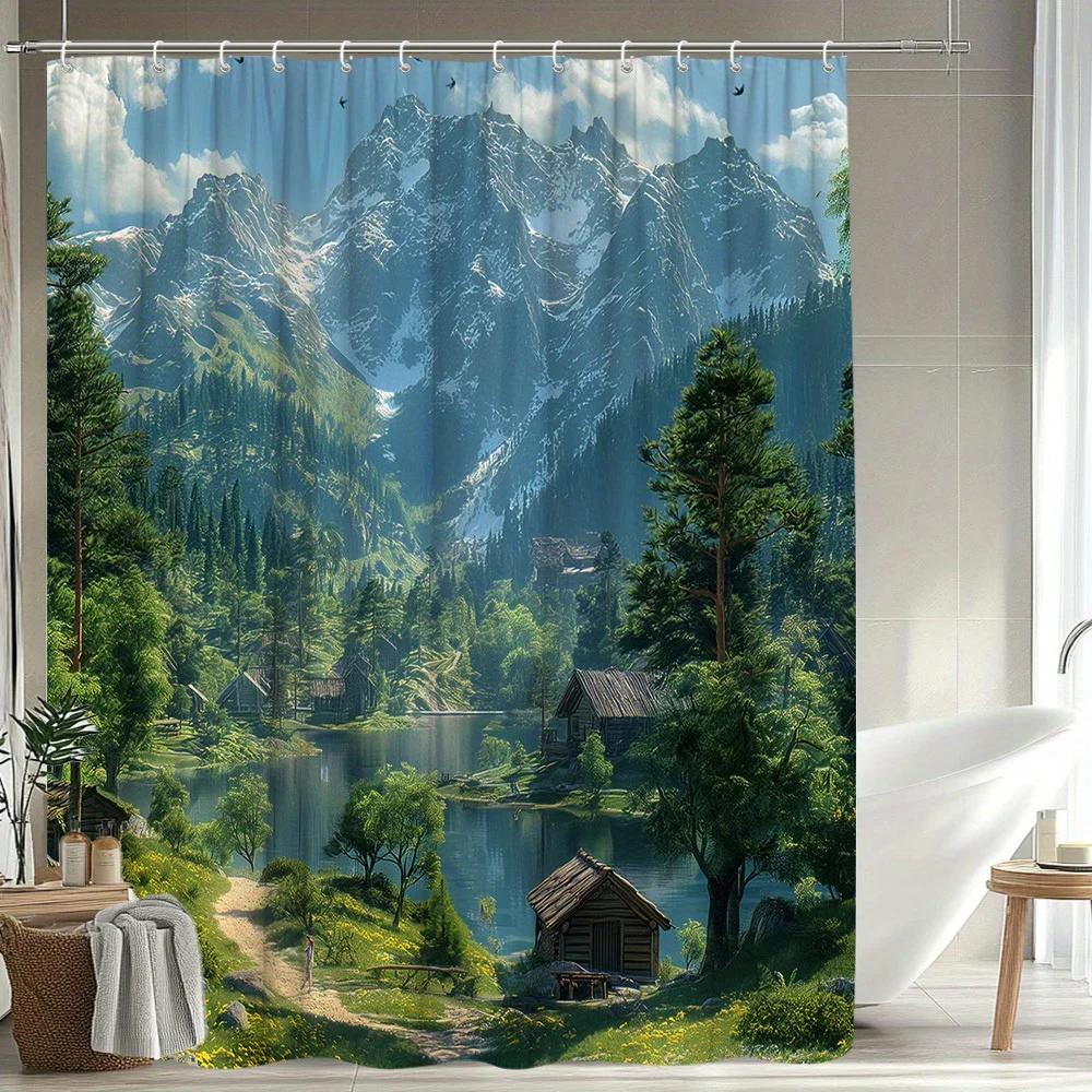 1Pc Mountain Landscape Shower Curtain Natural Scenery Shower Curtain Polyester Fabric Bathroom Decoration Contains 12 Hooks 70.