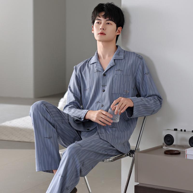 Pure Cotton Pajamas Men'S Spring And Autumn Autumn Cotton Long-Sleeved Casual Men'S Loungewear Autumn And Winter Thin Large Size Suit