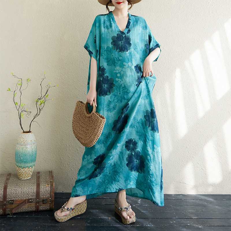 

Женское тонкое хлопково-льняное свободное художественное платье в стиле ретро, длинная роба One size озеро синий