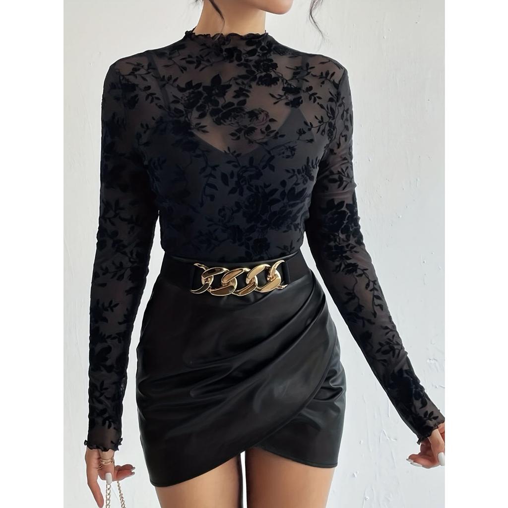 Lente Zomer Nieuw Dames Doorzichtig Sexy Slim Fit Lange Mouw Bedrukt Kant T-shirt