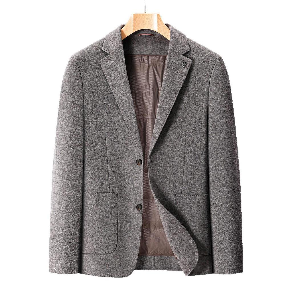Men's Wool Suit with Goose Down Liner - Fashionable Autumn/Winter Double-Sided Casual Overcoat for Young and Middle-Aged.