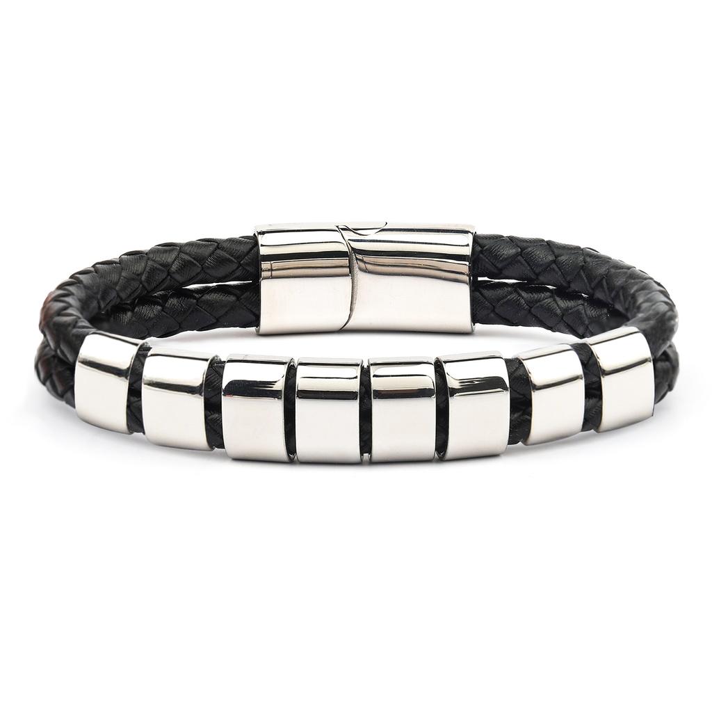 Men's Leather Bracelet Magnetic Tail Buckle Stainless Steel Positioning Ring Engraved Father's Day Gift Double Leather Bracelet