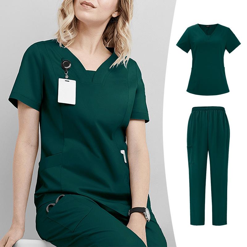 Women Nurse Uniform Two-piece Set Summer Elastic Quick-drying Thin Section V-neck Short-sleeved + Straight Trousers Hand-washing Clothes
