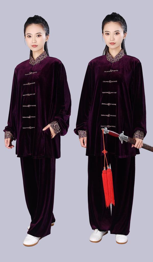 Abbigliamento di alta gamma coreano in velluto per la pratica del Tai Chi da donna con colletto a nuvola propiziatoria - Uniforme per arti marziali per performance autunnali/invernali