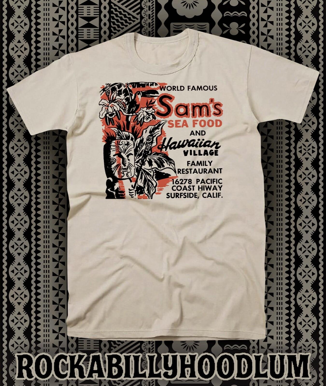 Retro Tiki Art Tee T Shirt Bar Mug Restaurant Sams Seafood Hawaiian Village CA XXXXL