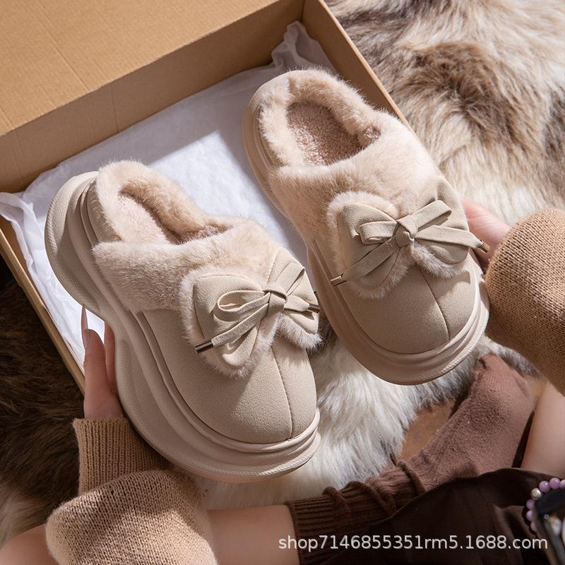 Small waist bow cotton slippers winter 2025 new thick bottom heightening outer wear velvet warm slippers