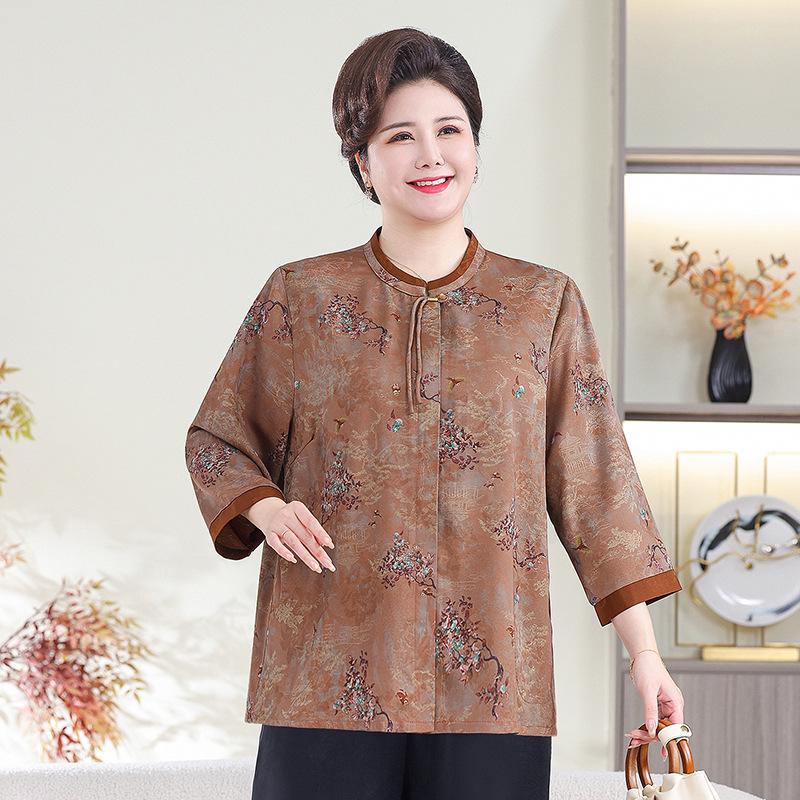 

Grandma s Plus Size Loose Fit Seven-Sleeve Shirt - New Chinese Style for Middle-Aged & Elderly Women 6XL (175-190 jin)