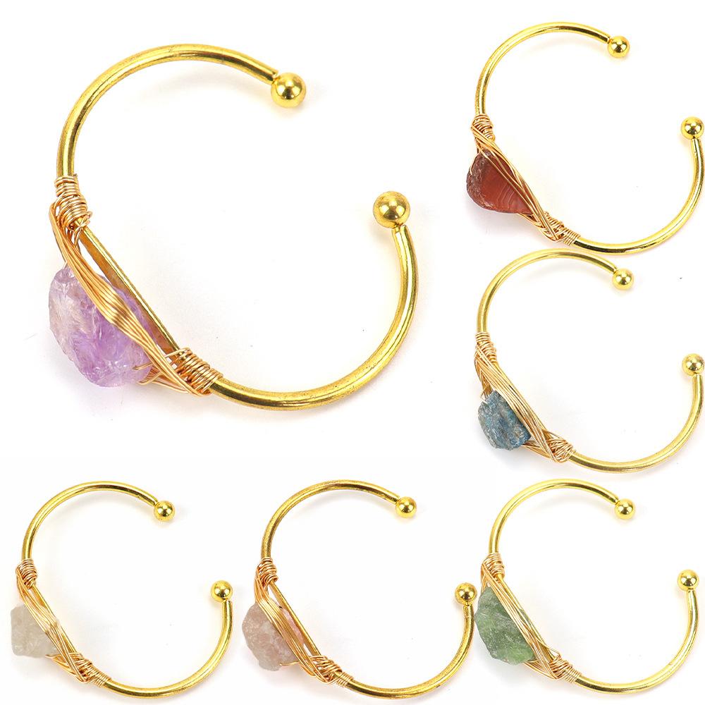 Handmade Gold Winding Natural Crystal Rough Stone Amethyst Bracelet, Bracelet Opening Adjustable B07