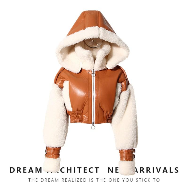 Shearling Faux Fur Short Jacket Women Winter Retro Streetwear Hooded Biker Coat Chocolate