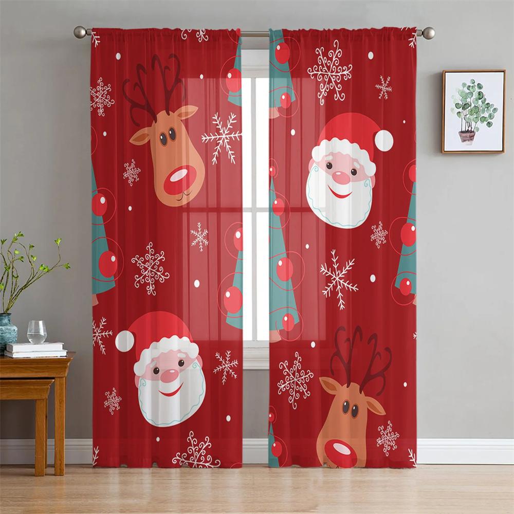 Cartoon Weihnachten Weihnachtsmann Glänzend Rot Rosa Tüll Fenstervorhänge Wohnzimmer Schlafzimmer Transparent Heimdeko Chiffon Voile Küche 2 Stück