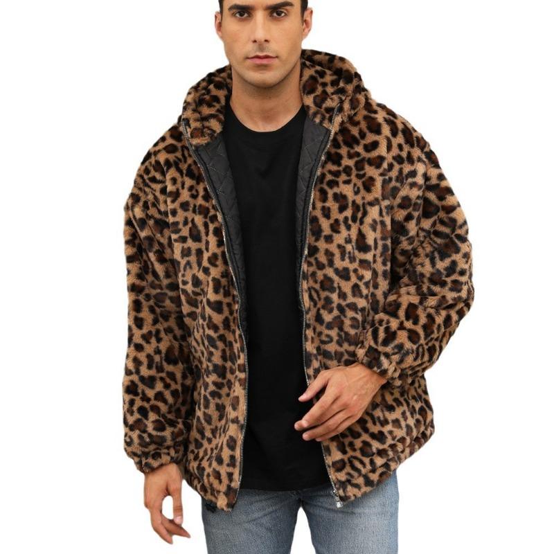 Winter Men s Hooded Leopard Print Faux Fur Warm Oversized Jacket S жёлтый