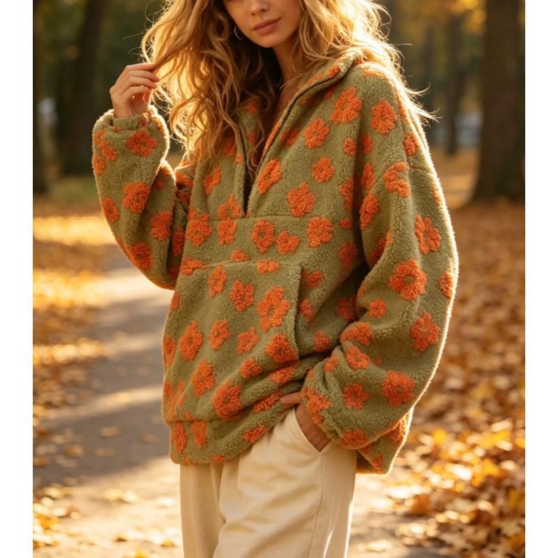 2026 Fleece Floral Kapuzenloses Sweatshirt Damen Dick Warm Langarm Lässig Streetwear Oberteil