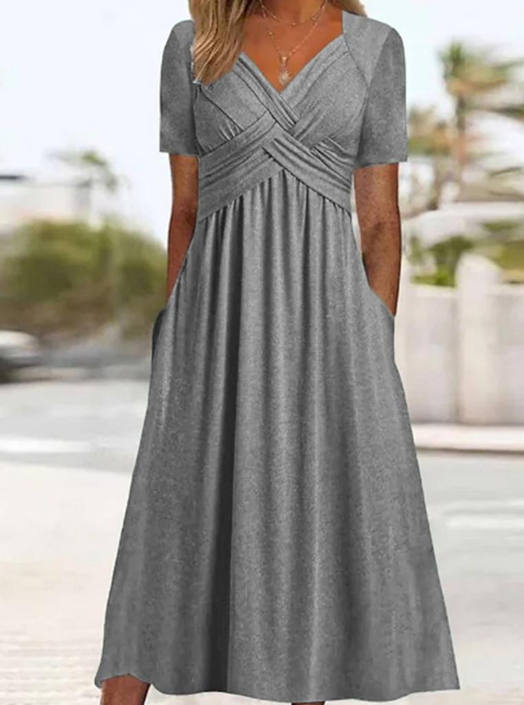 Women's Short Sleeve Midi Dress V Neck High Waist Streetwear Casual Solid Flared Long Dress With Side Pockets