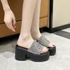 European Station 2025 Summer New Product Slope Heel Thick Bottom Heightened Feminine Rhinestone Surface One-word Slippers Wear Cool Slippers
