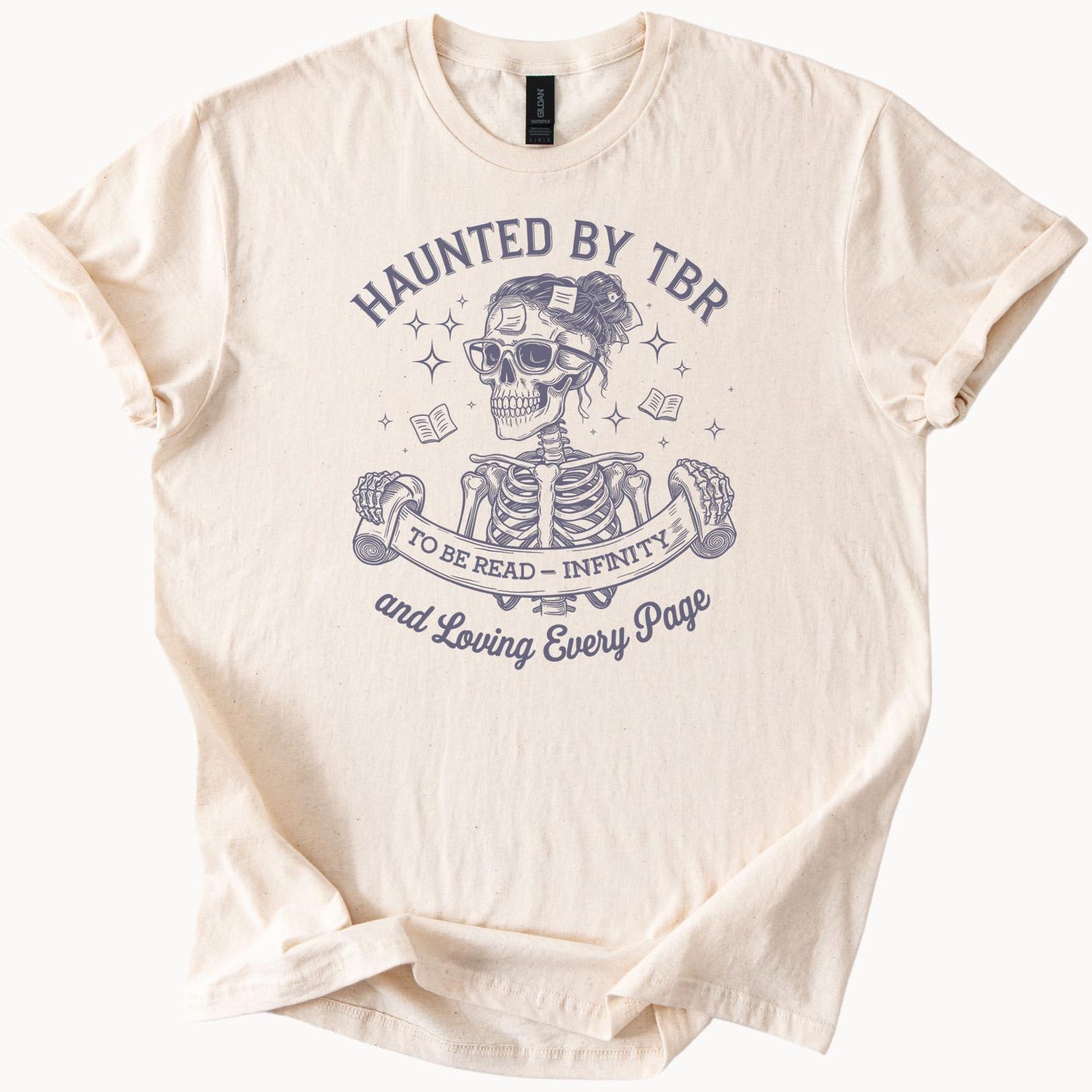 Haunted By TBR Skeleton Reading Shirt To Be Read Infinity Book Lover Graphic Tee Funny Bookish Gift for Readers Literary Apparel 140