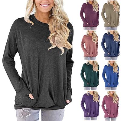 Women's Fashion Casual Round Neck Solid Color Long Sleeve Pocket T-Shirt Top