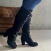 Stivaletti alla caviglia da donna con punta rotonda e tacco grosso, stivali Martin monocolore in stile francese, scarpe casual taglie forti autunno inverno