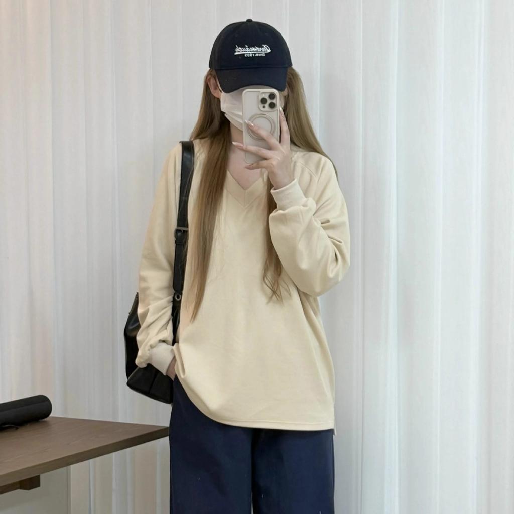 [Original practice, Minnie cloth 35 cotton 65 polyester] Lazy wind V-neck t shoulder sleeves versatile loose solid color sweater