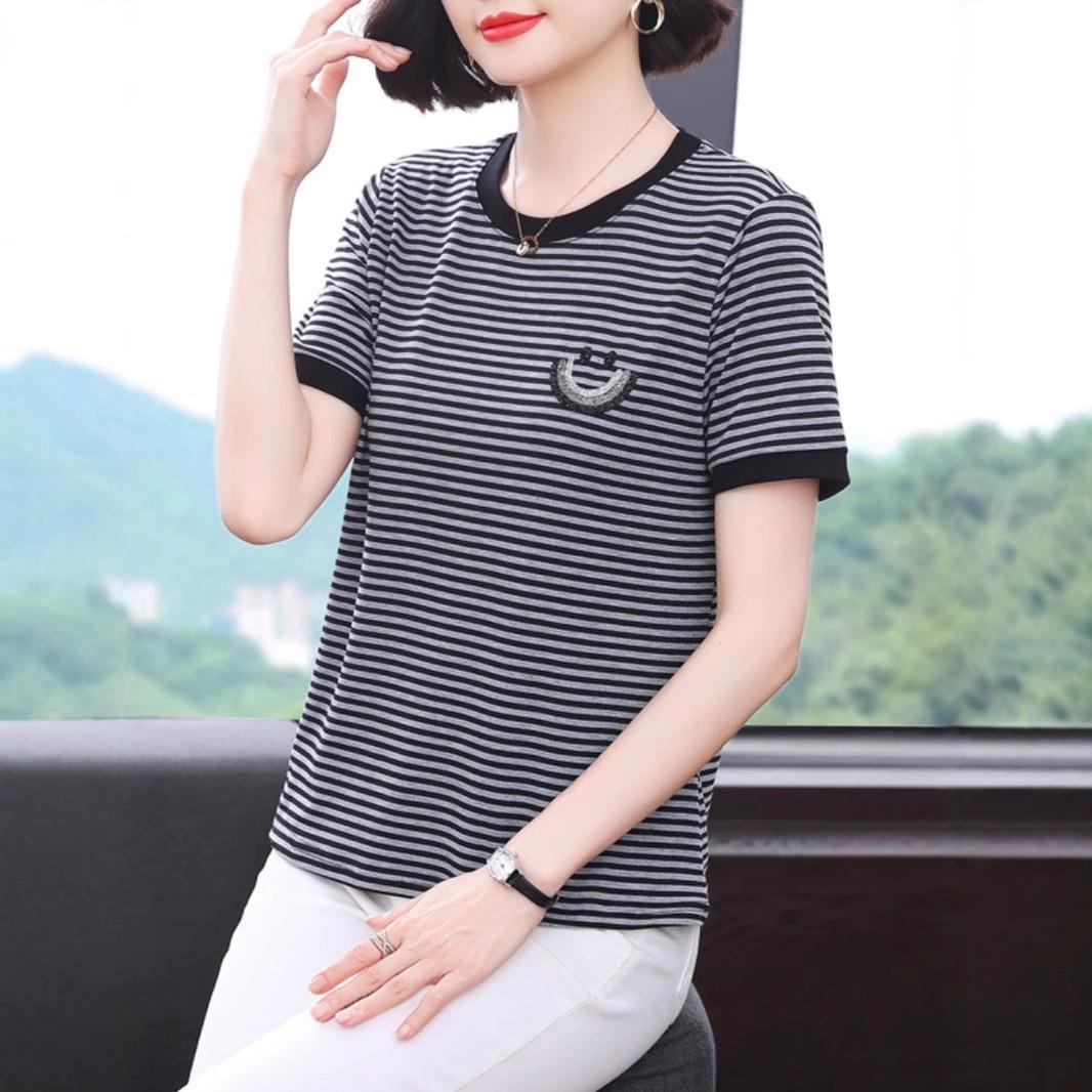 

Women s 2025 Summer Striped Loose Fit Plus Size Short Sleeve T-shirt 3XL