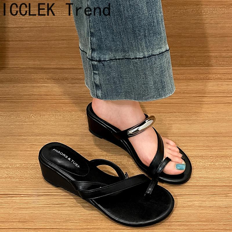 Summer Clip Toe Wedges Heel Women Slippers Fashion  Metal Buckle Female Outdoor Party Dress Slides Shoes