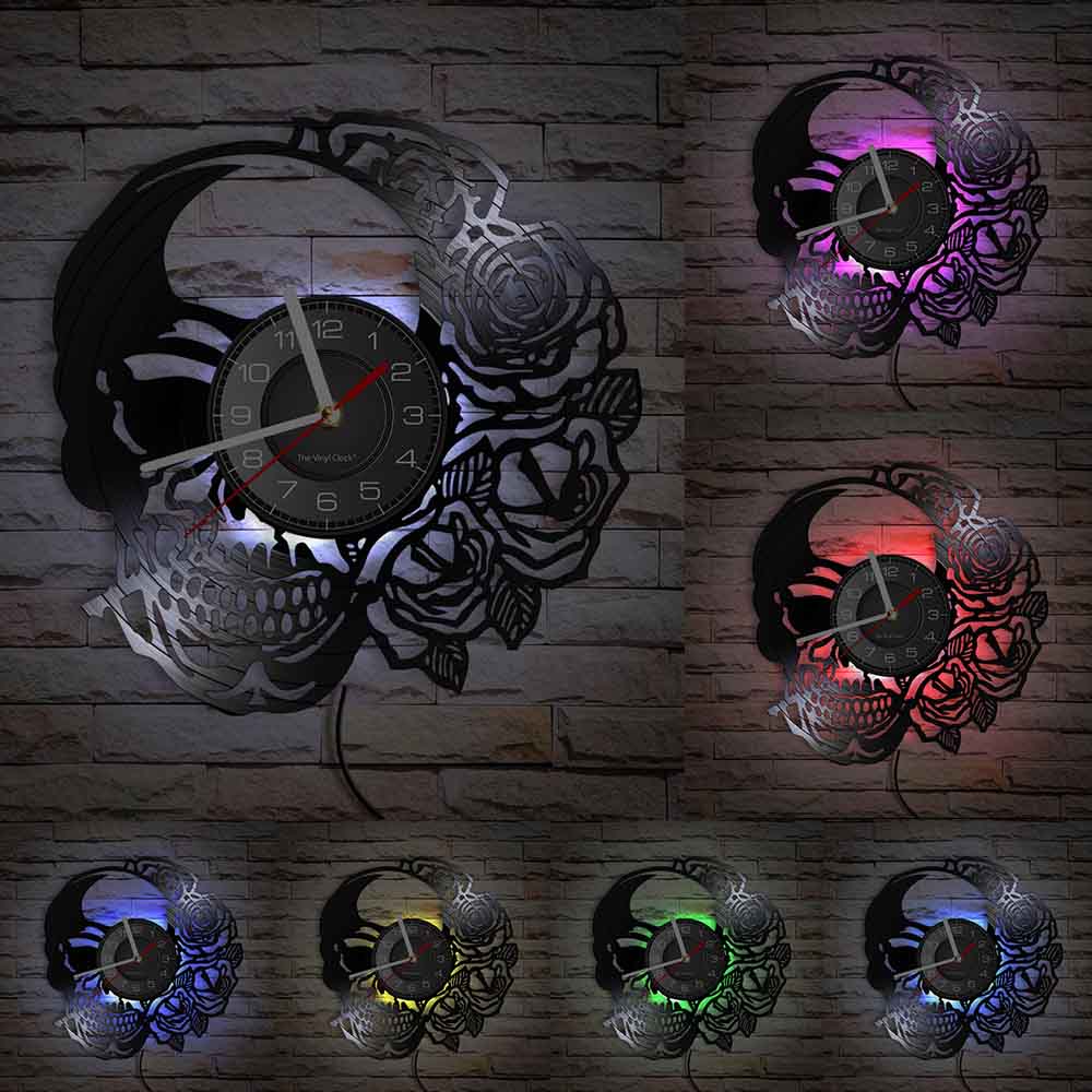 Schädel-Kopf-Vinyl-Schallplatten-Wanduhr im Alter von Skelett-Kopf-Wanduhr, Skelett-Vampir-Männer, Halloween-Dekor, Wandbehang-Uhr