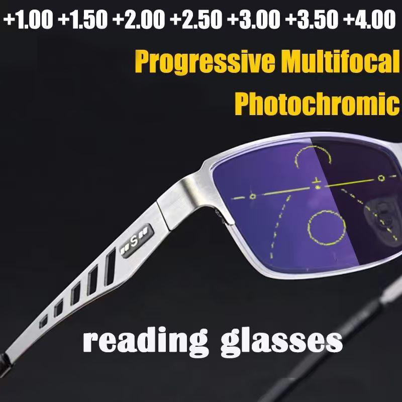 Adjustment Pochromic Multifocal Reading Glasses Men Progressive Anti-Blue Ray Business Spectacles Half-Frame Eyewear 1.0-3.5