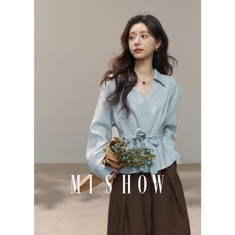 Mishow Women s Tencel Blend Tie-Waist Long Sleeve Shirt M