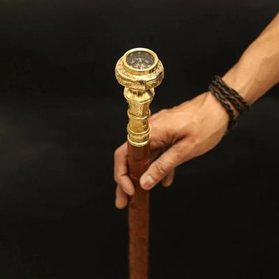 93.98 Cm Wooden Walking Cane with Brass Compass Handle Brown Cane with Floral Design Elegant Gift for Men, Collectors Gentlemen