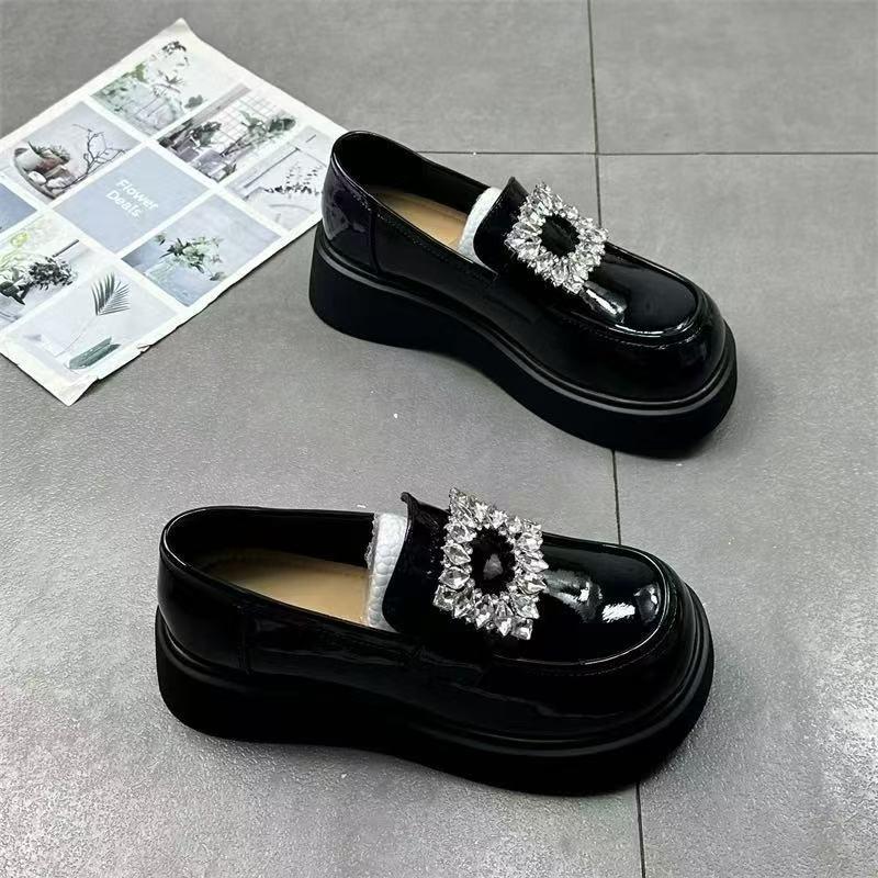 2025 new platform loafers women's black small leather shoes high-end rhinestone thick heel spring and autumn British Mary Jane shoes