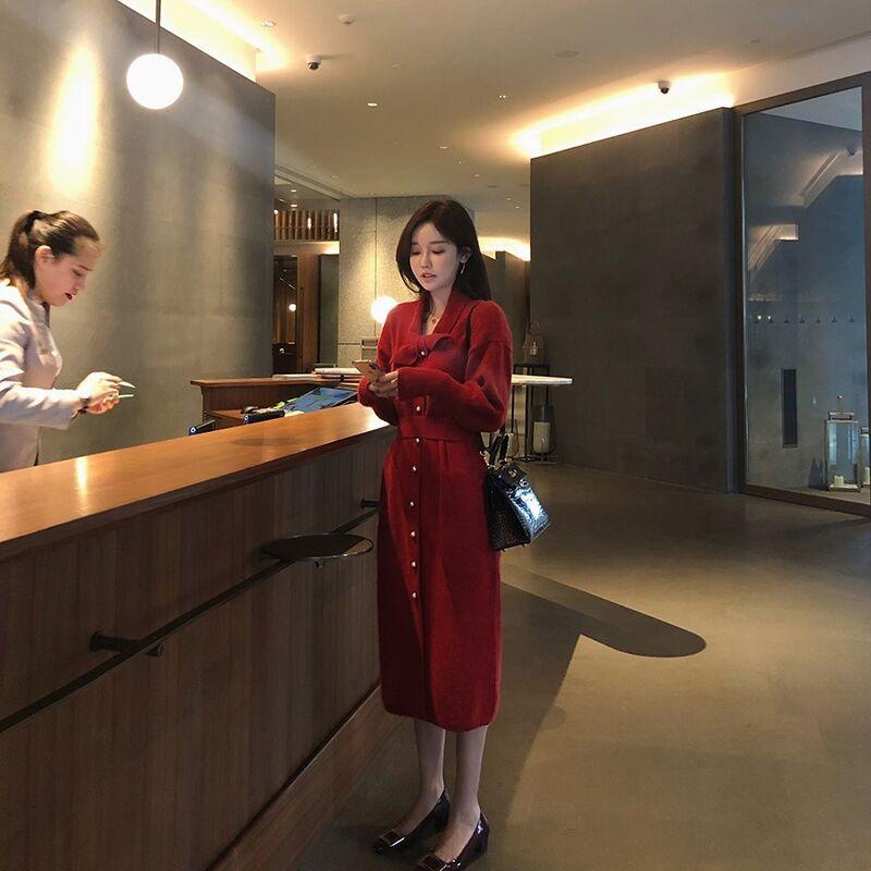 

Spring new women s niche Platycodon fried street high-end light luxury long-sleeved knitted dress women s spring and autumn S красный