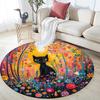 Black Cat in Flowers Round Area Rug,Carpet Rug for Living Room Bedroom Sofa Playroom Decor,Non-slip Floor Mat