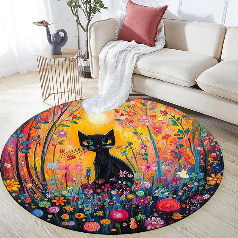 Black Cat in Flowers Round Area Rug,Carpet Rug for Living Room Bedroom Sofa Playroom Decor,Non-slip Floor Mat