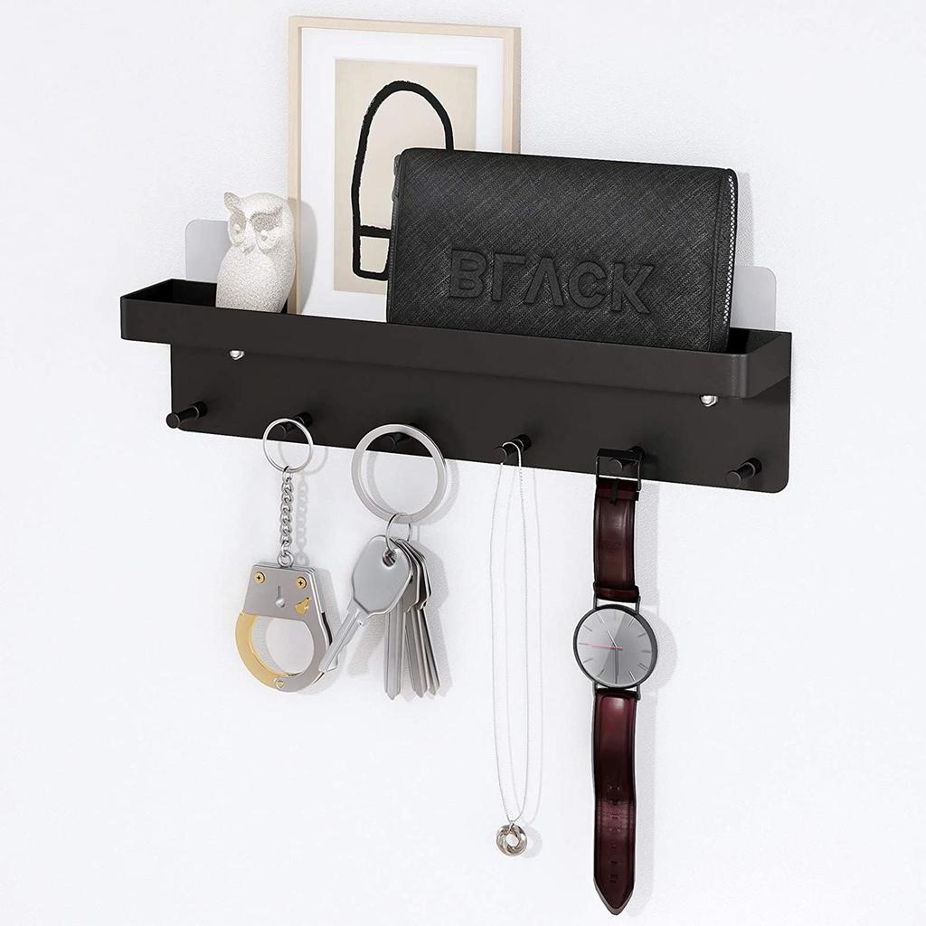 Stainless Steel Wall-Mounted Key Holder with Shelf and Mail Storage Hooks