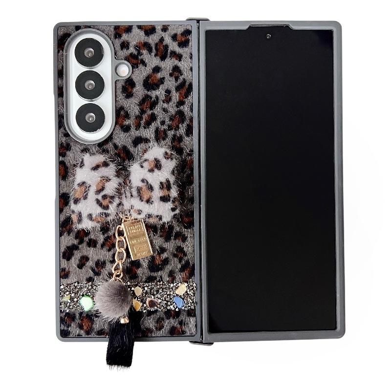 Applicable To Samsung ZFold7 Folding Leopard Print Mobile Phone Case, Bow Plush Hand Rope Zfold6/5 Japanese and Korean Protective Case