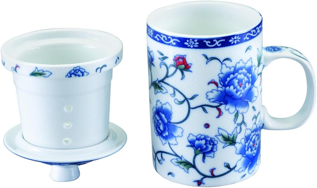 Kanda Chinese Tea Mug with Strainer (71075) White Flower Design 468202