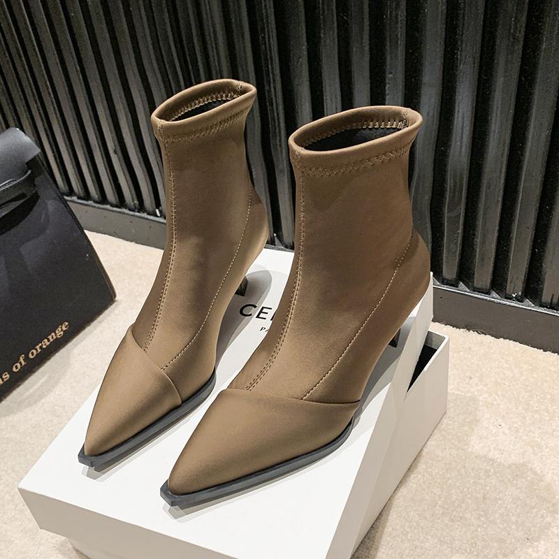 Neue Satin Spitzschuh Kurze Stiefel Damen Dünner Absatz Stretch Sockenstiefel Elegant Damen High Heels Pumps Weibliche Stiefeletten
