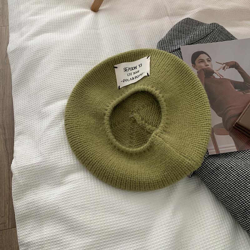 Porridge Cocoa Knitted Hat Woolen Hat Label Beret Women Autumn and Winter Versatile Warm Big Head Painter Hat