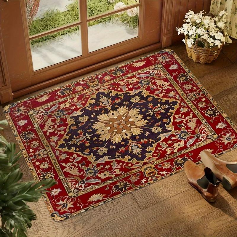 Vintage Boho Non-Slip Doormat Retro Floral Design Red Beige Indoor Outdoor Entryway Mat with Rubber Backing Home Decor Area Mat