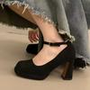 Internet Celebrity Shallow Mouth Single Shoes French Mary Jane Shoes 2025 Spring and Autumn Word with Waterproof Table Black Thick Heel High Hee