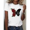 European Size Women'S Plus Size T-Shirt with Black Butterfly & Red Rose Bouquet Design - Casual Crew Neck, Short Sleeve, Spring Summer Fashion Top