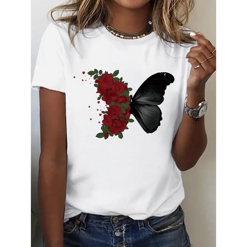 

European Size Women S Plus Size T-Shirt with Black Butterfly & Red Rose Bouquet Design - Casual Crew Neck, Short Sleeve, Spring Summer Fashion Top 4XL білий