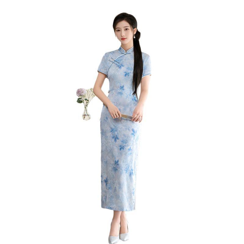Spring and summer new elegant plain cheongsam Chinese style improved version retro Chinese girl daily cheongsam