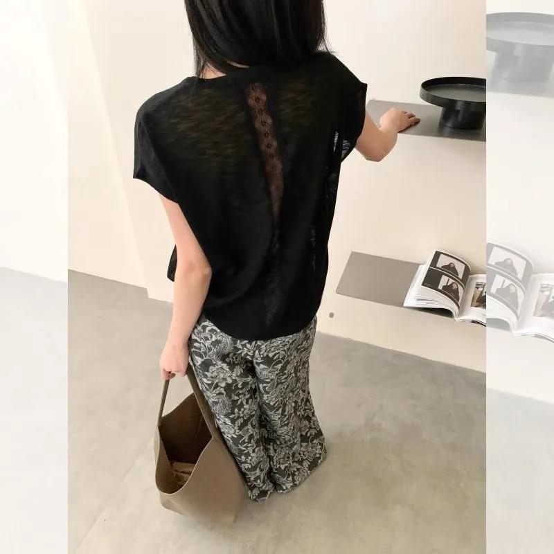 

Women s Minimalist White Sheer Lace Back Short Sleeve Blouse S чёрный